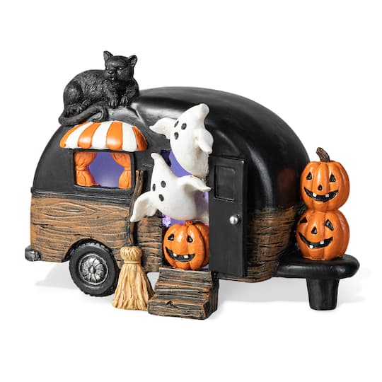 Glitzhome 9.25''L Halloween Polyresin Lighted Camper W/Ghost Pumpkin Black Cat Table Decor - Multi